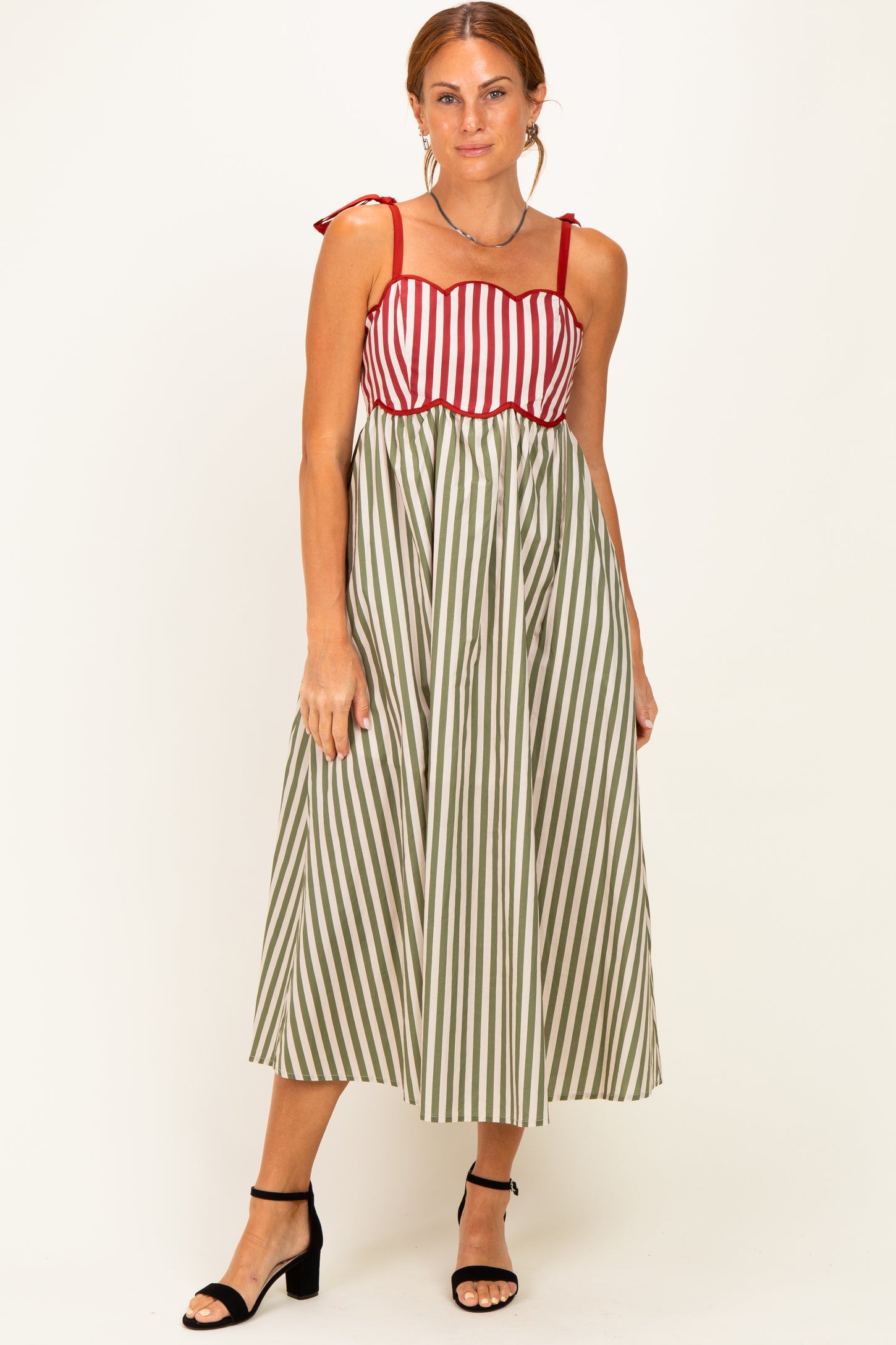 Olive Striped Colorblock Scallop Detail Midi Dress