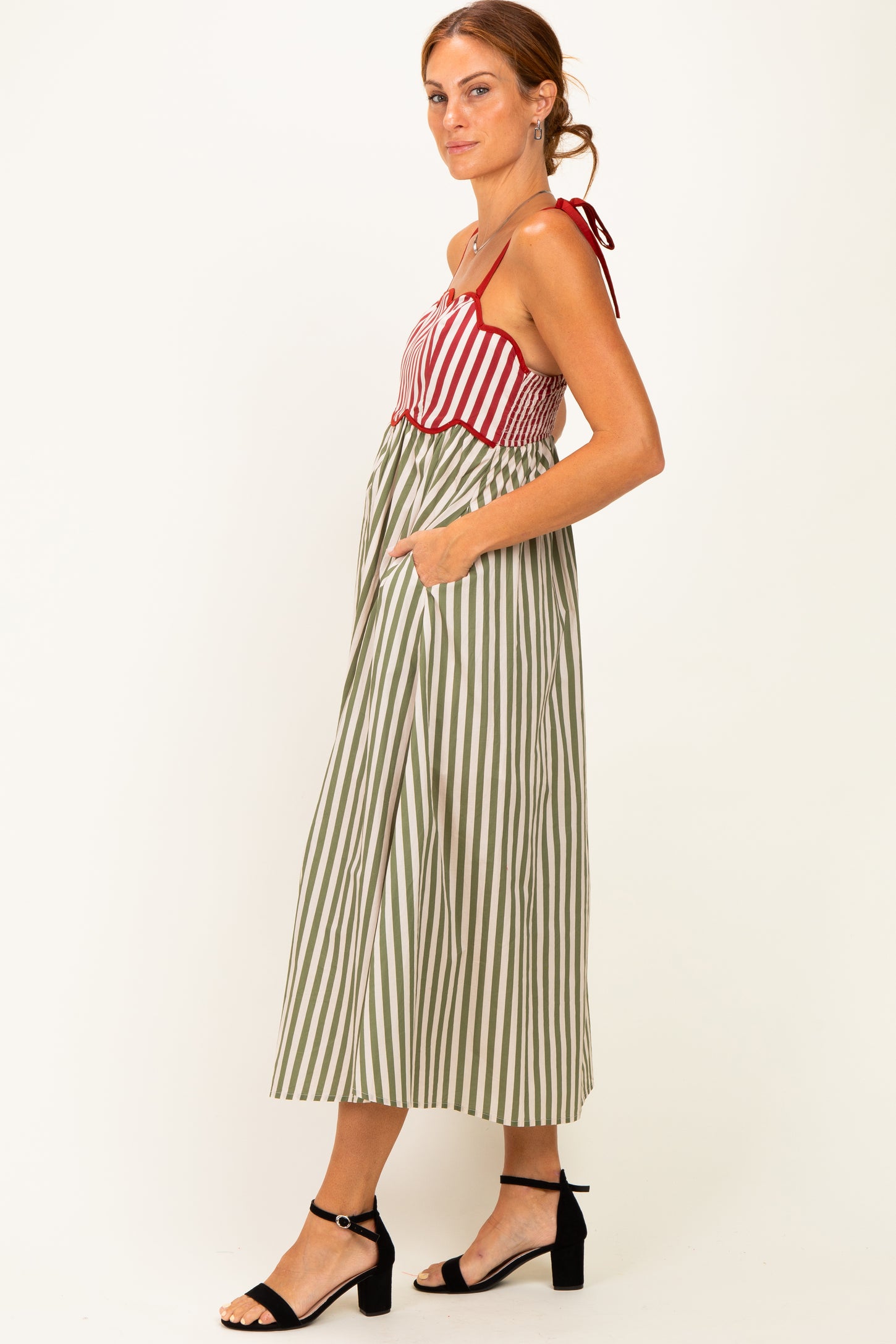Olive Striped Colorblock Scallop Detail Midi Dress