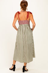 Olive Striped Colorblock Scallop Detail Midi Dress