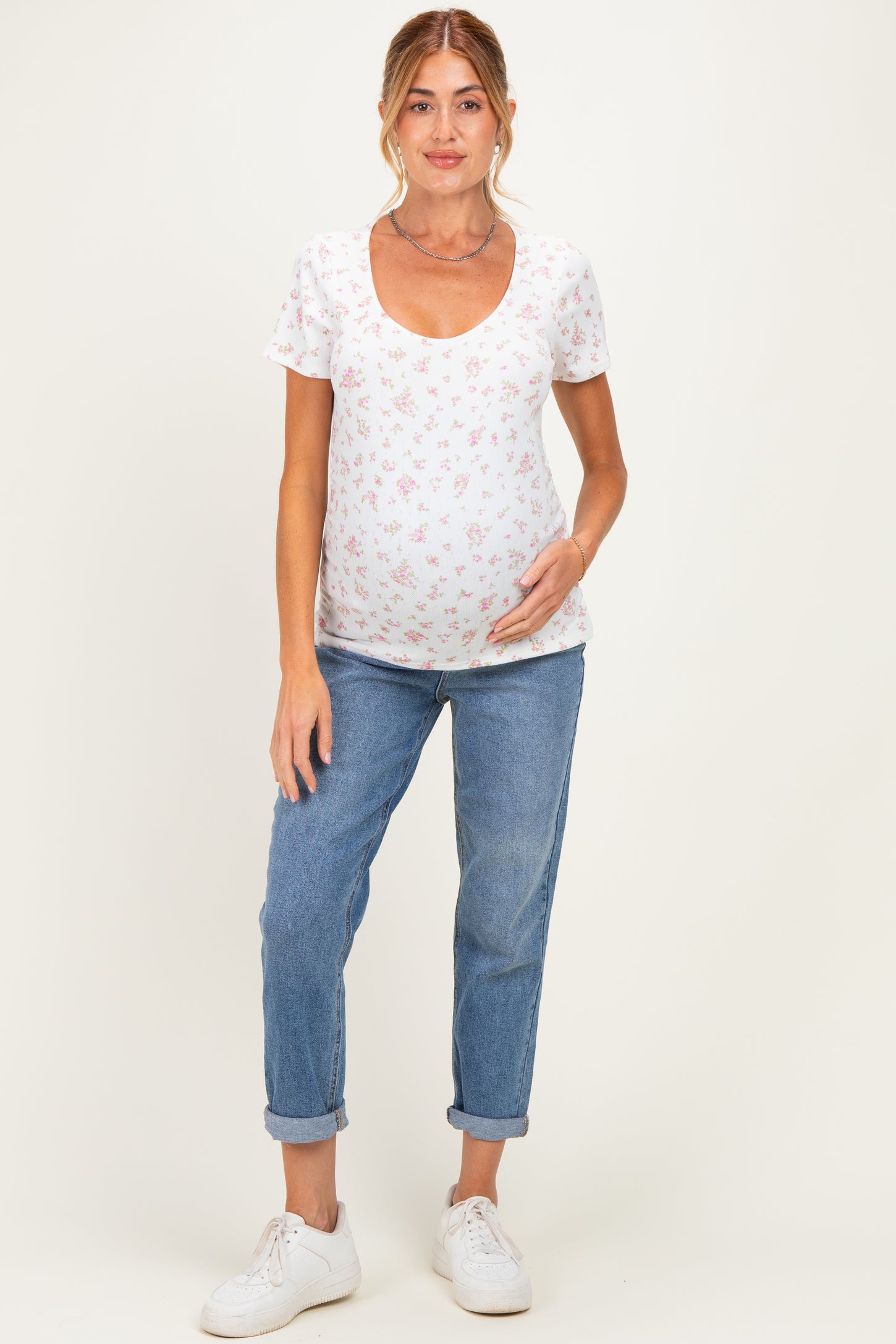 Pink Pointelle Ruching Short Sleeve Maternity Top