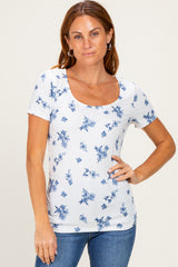 Navy Floral Ruching Short Sleeve Maternity Top