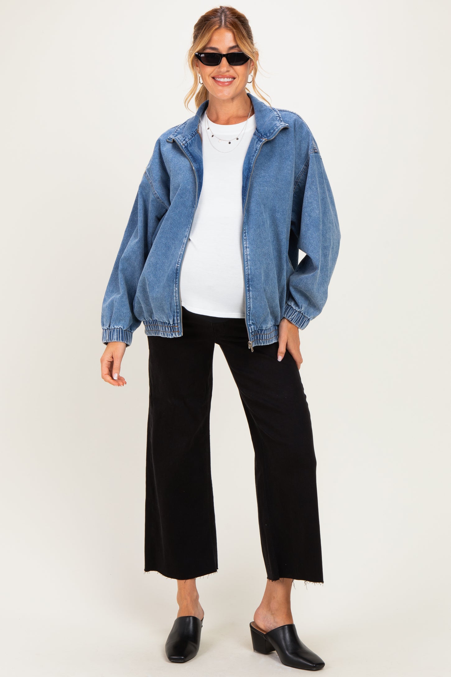 Dark Denim Zipper Front Oversized Maternity Jacket