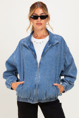 Dark Denim Zipper Front Oversized Maternity Jacket
