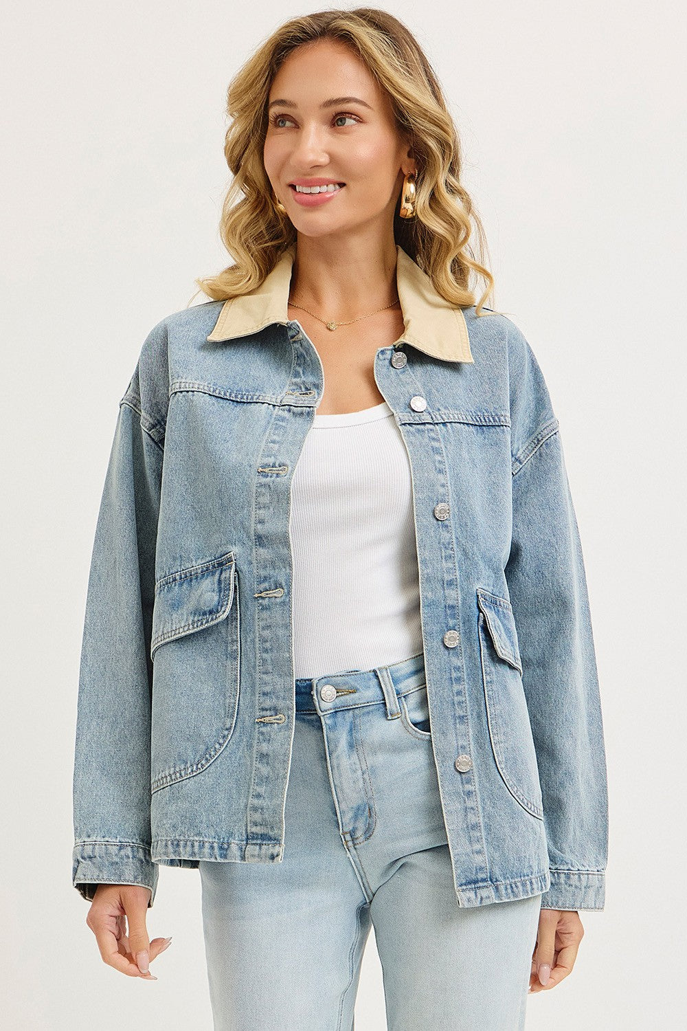 Washed Denim Button Down Oversized Maternity Jacket