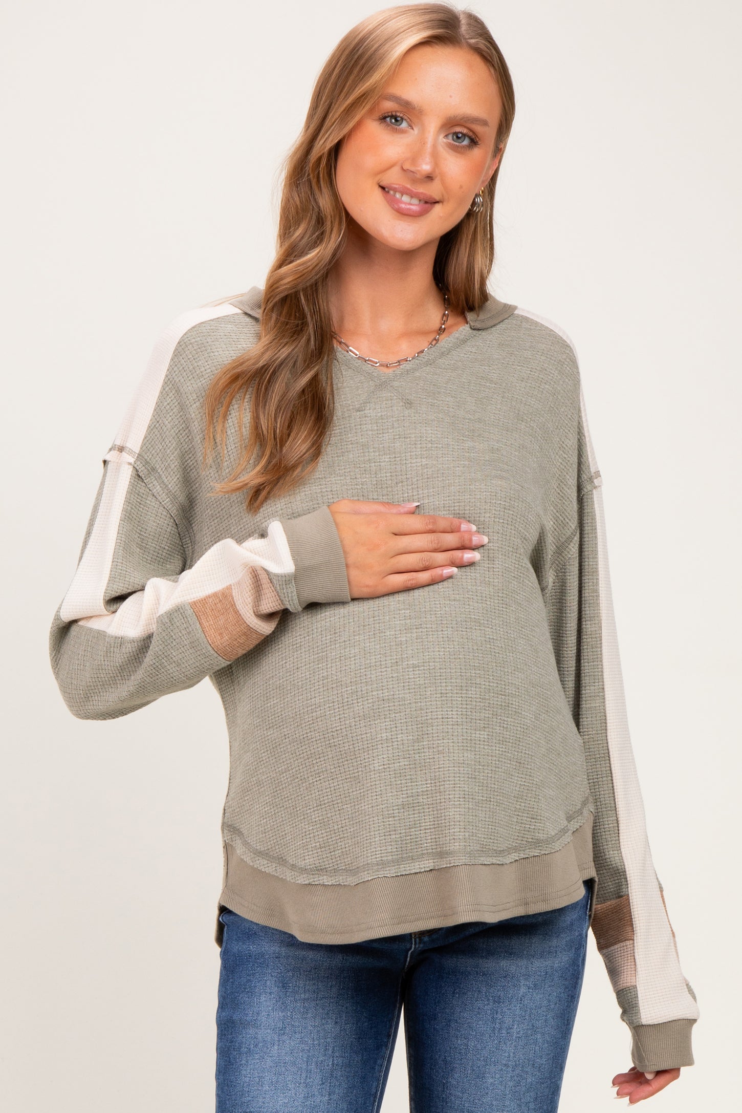 Sage Colorblock Waffle Knit Maternity Pullover Top