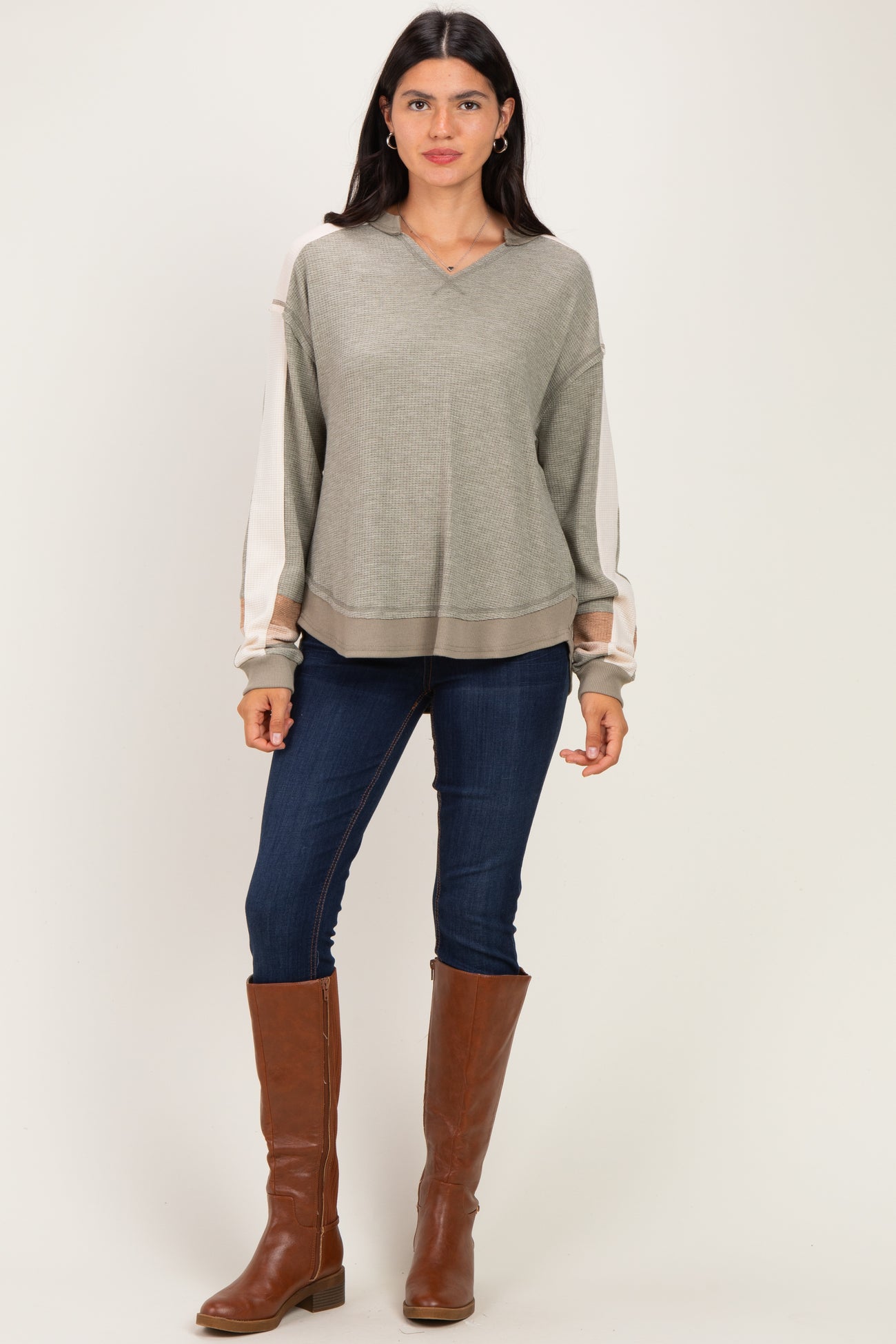 Sage Colorblock Waffle Knit Pullover Top