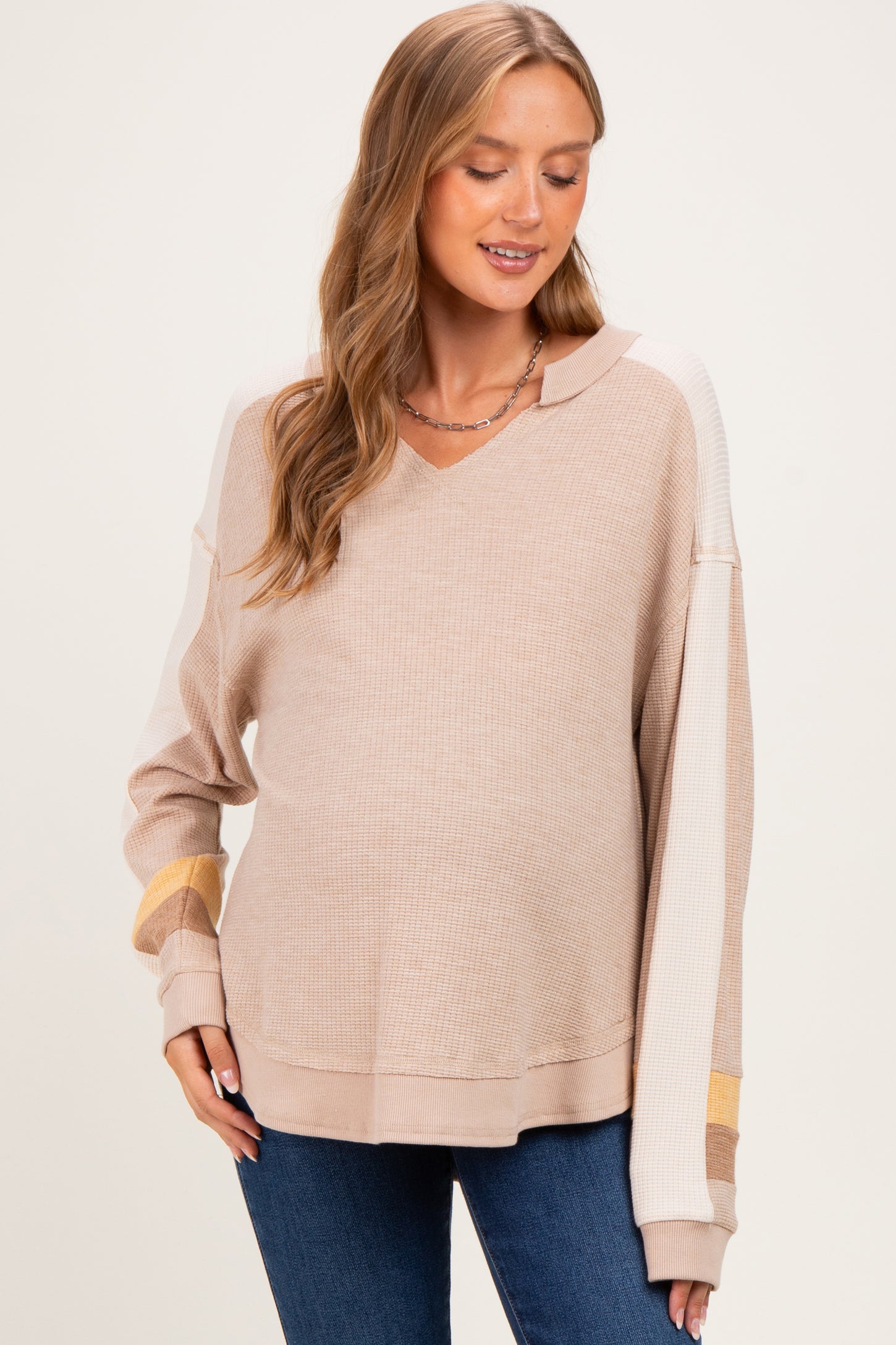 Taupe Colorblock Waffle Knit Maternity Pullover Top