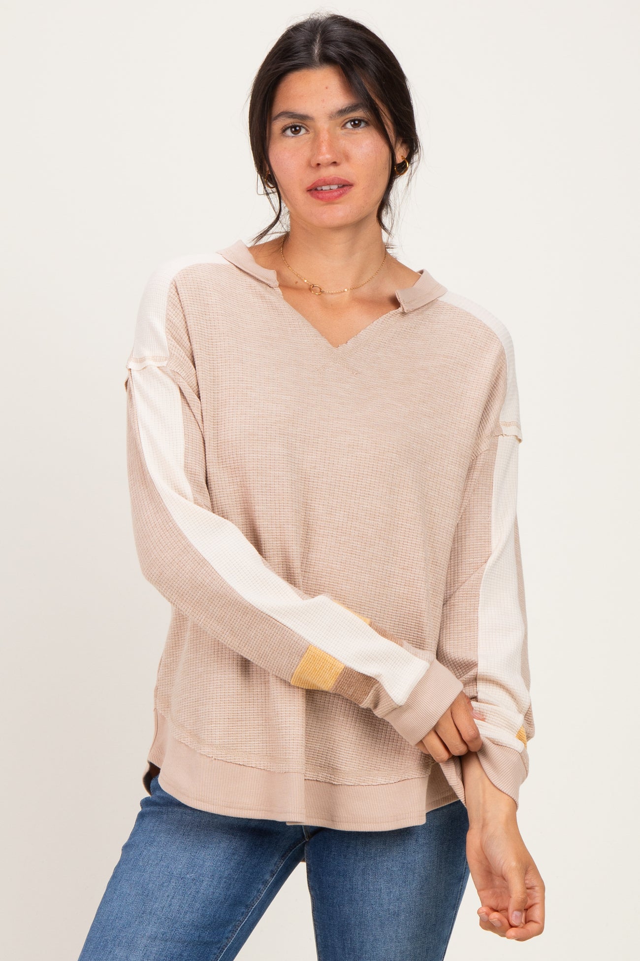 Taupe Colorblock Waffle Knit Maternity Pullover Top
