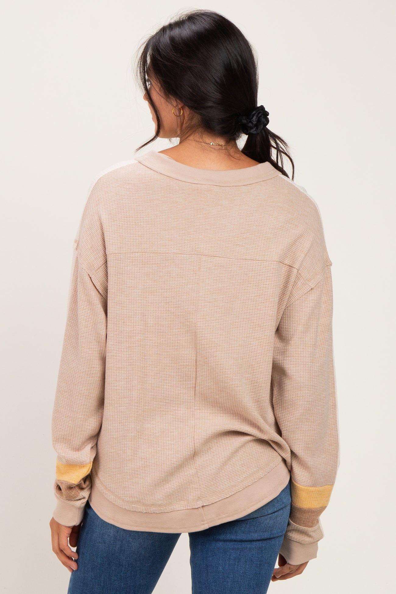 Taupe Colorblock Waffle Knit Pullover Top