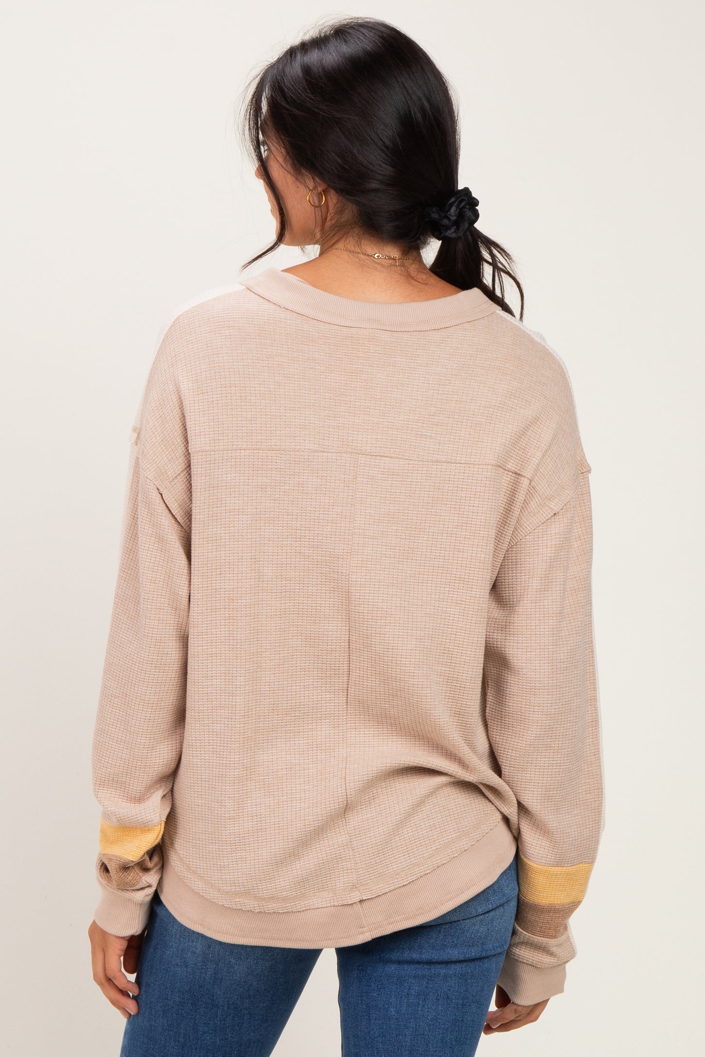 Taupe Colorblock Waffle Knit Pullover Top