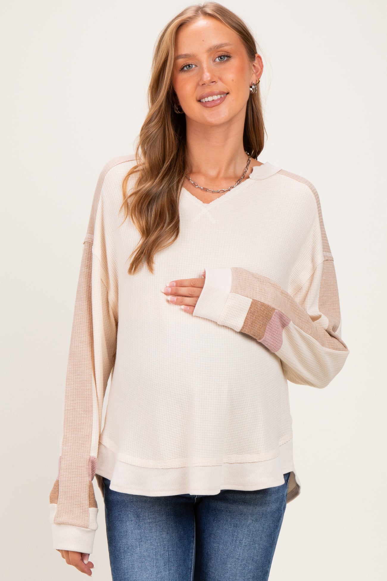 Natural Colorblock Waffle Knit Maternity Pullover Top