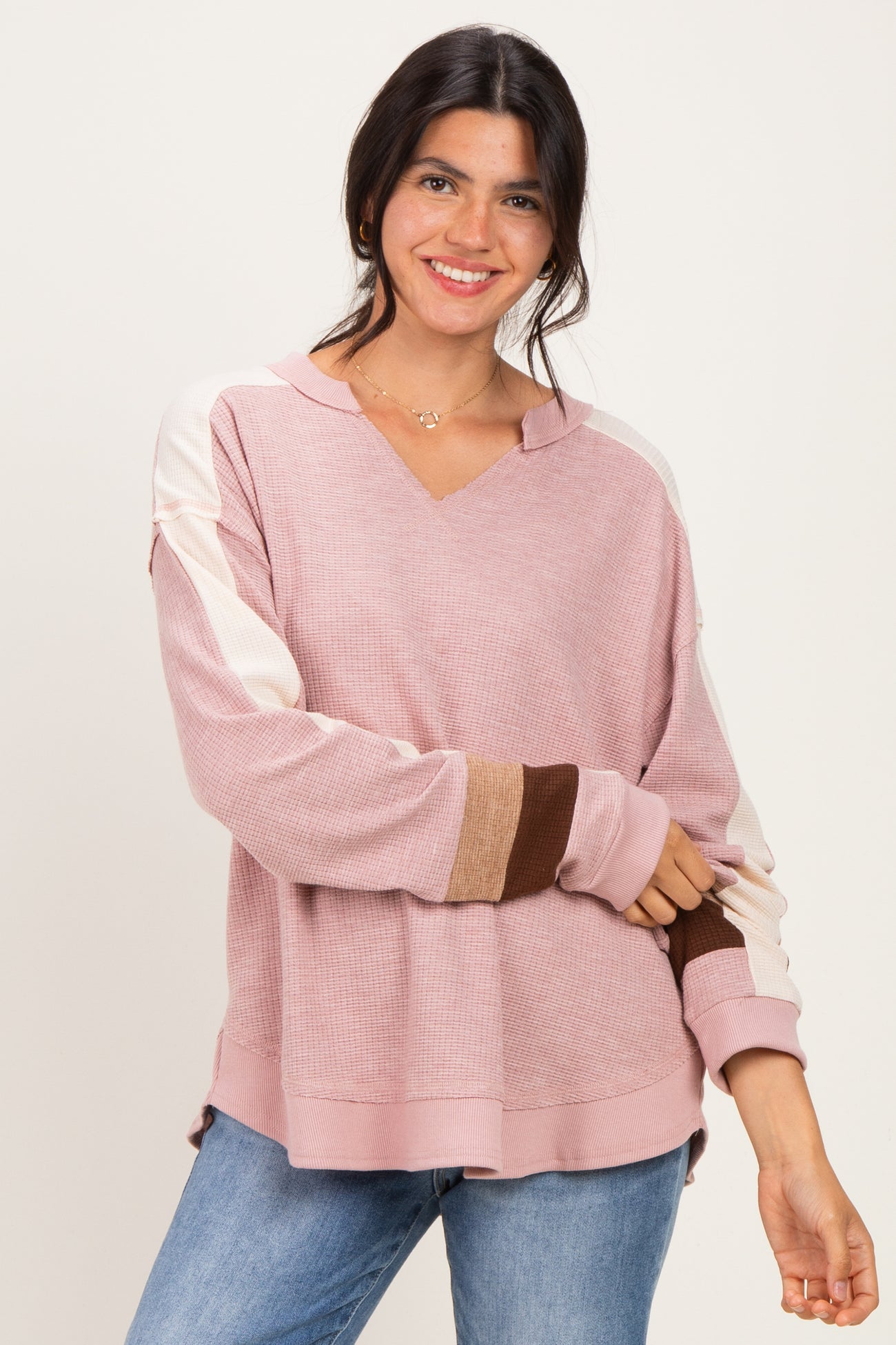 Blush Colorblock Waffle Knit Pullover Top