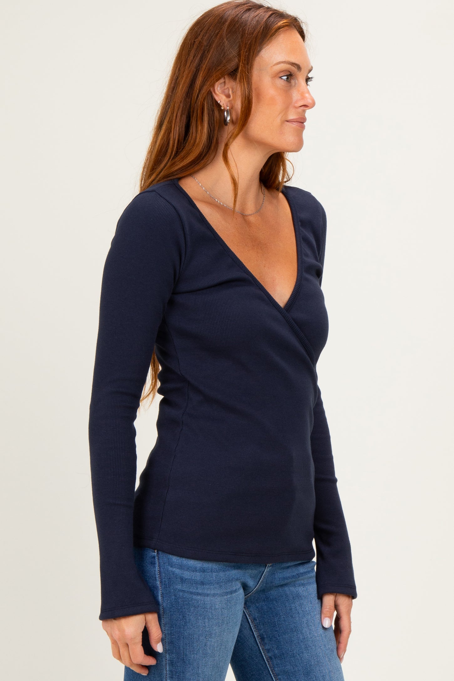 Navy Fitted Long Sleeve Wrap/ Nursing Top