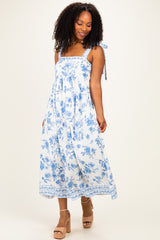 Light Blue Floral Shoulder Tie Midi Dress