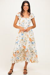 Beige Floral Ruffle Accent Midi Dress