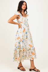 Beige Floral Ruffle Accent Midi Dress