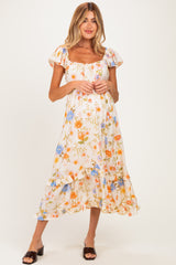 Ivory Floral Ruffle Accent Maternity Midi Dress