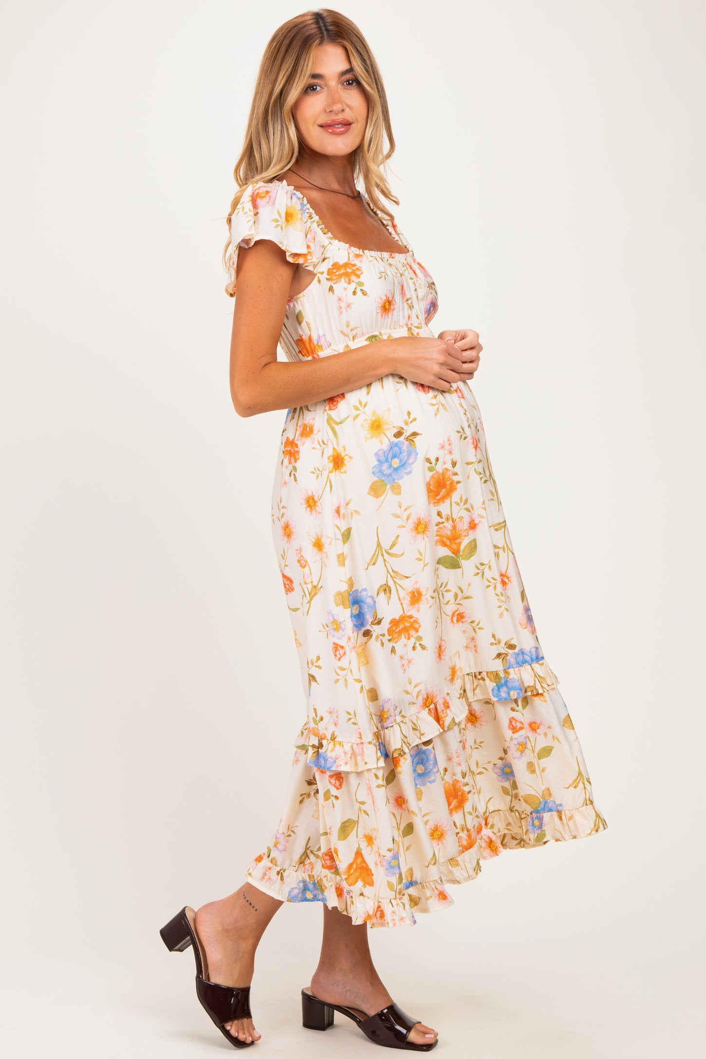Ivory Floral Ruffle Accent Maternity Midi Dress