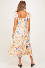 Ivory Floral Ruffle Accent Maternity Midi Dress