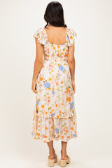 Ivory Floral Ruffle Accent Midi Dress