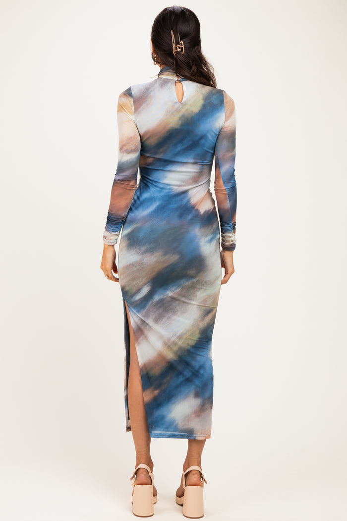 Multicolor Mesh Printed Mock Neck Long Sleeve Dress