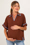 Brown Embroidered Detail Collared Boxy Maternity Top