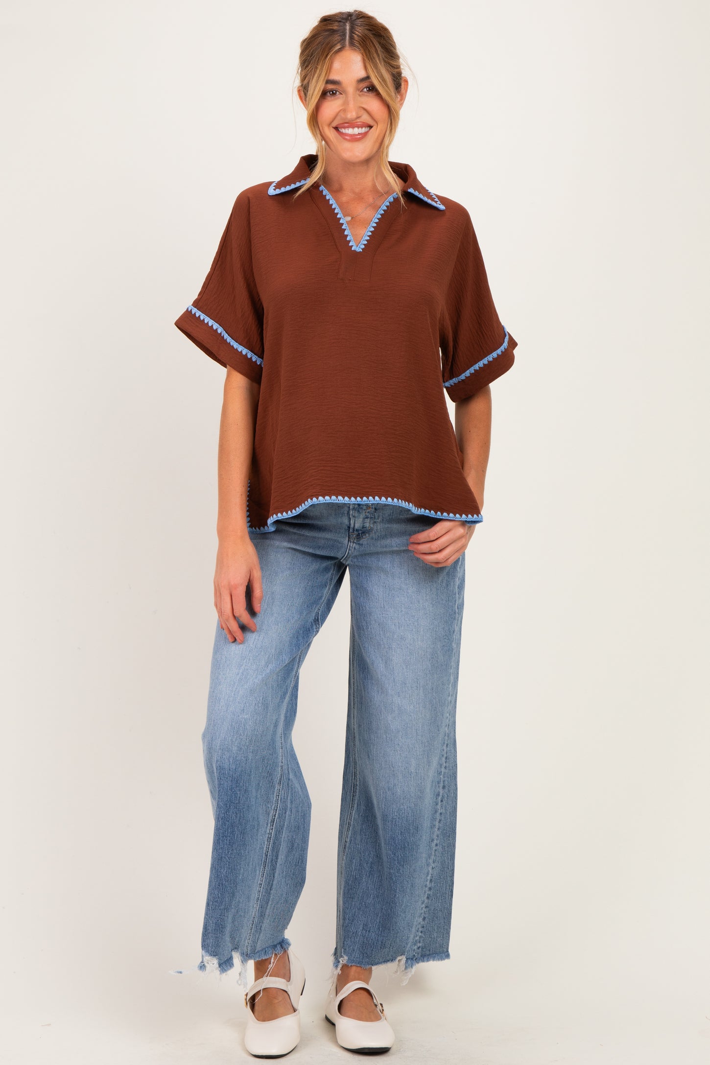 Brown Embroidered Detail Collared Boxy Maternity Top