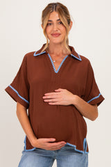 Brown Embroidered Detail Collared Boxy Maternity Top