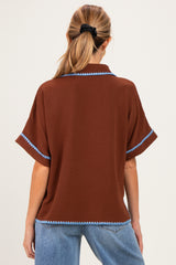 Brown Embroidered Detail Collared Boxy Maternity Top