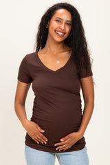 Brown V-Neck Ruched Side Maternity Top
