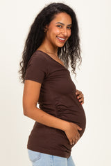 Brown V-Neck Ruched Side Maternity Top