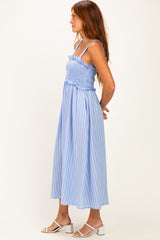 Blue Sleeveless Smocked Striped Maxi Dress
