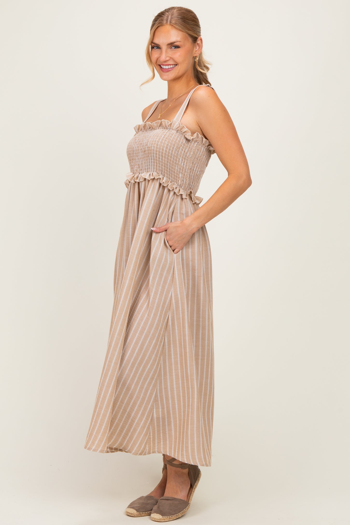 Taupe Sleeveless Smocked Striped Maxi Dress