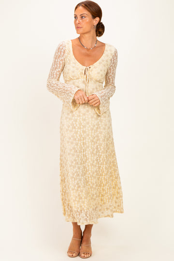 Cream Floral Lace Long Bell Sleeve Midi Dress