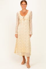 Cream Floral Lace Long Bell Sleeve Maternity Midi Dress