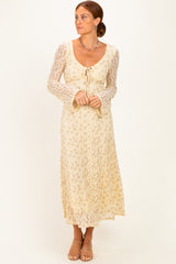Cream Floral Lace Long Bell Sleeve Midi Dress