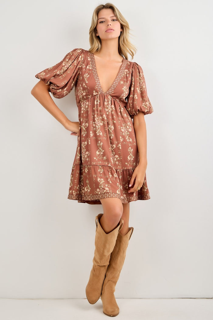 Brown Floral Deep V-Neck Tie Back Maternity Dress