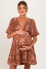 Brown Floral Deep V-Neck Tie Back Maternity Dress