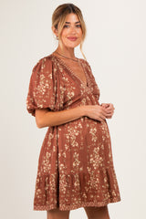 Brown Floral Deep V-Neck Tie Back Maternity Dress
