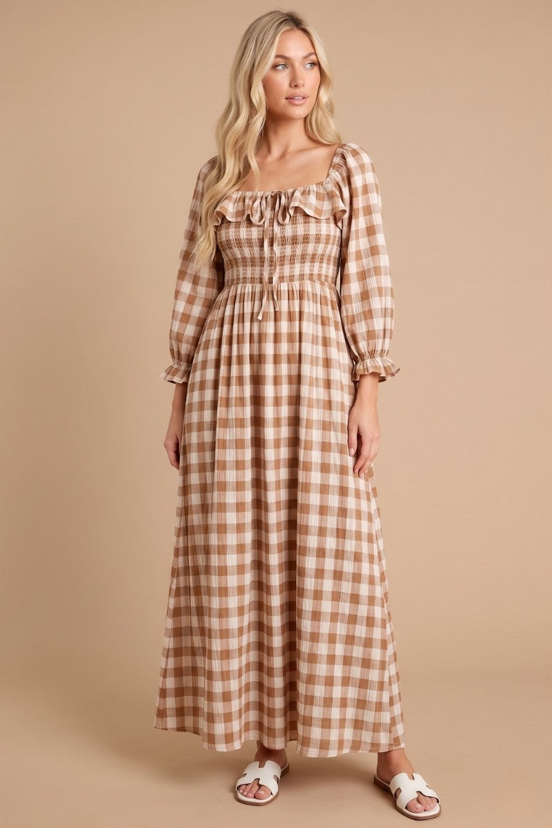 Brown Gingham Ruffle Smocked Maxi