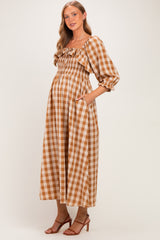 Brown Gingham Ruffle Smocked Maternity Maxi