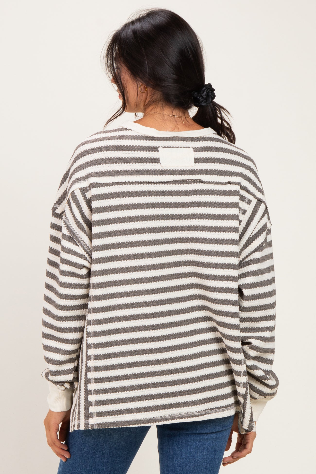 Grey Striped Waffle Knit Oversized Pullover Top