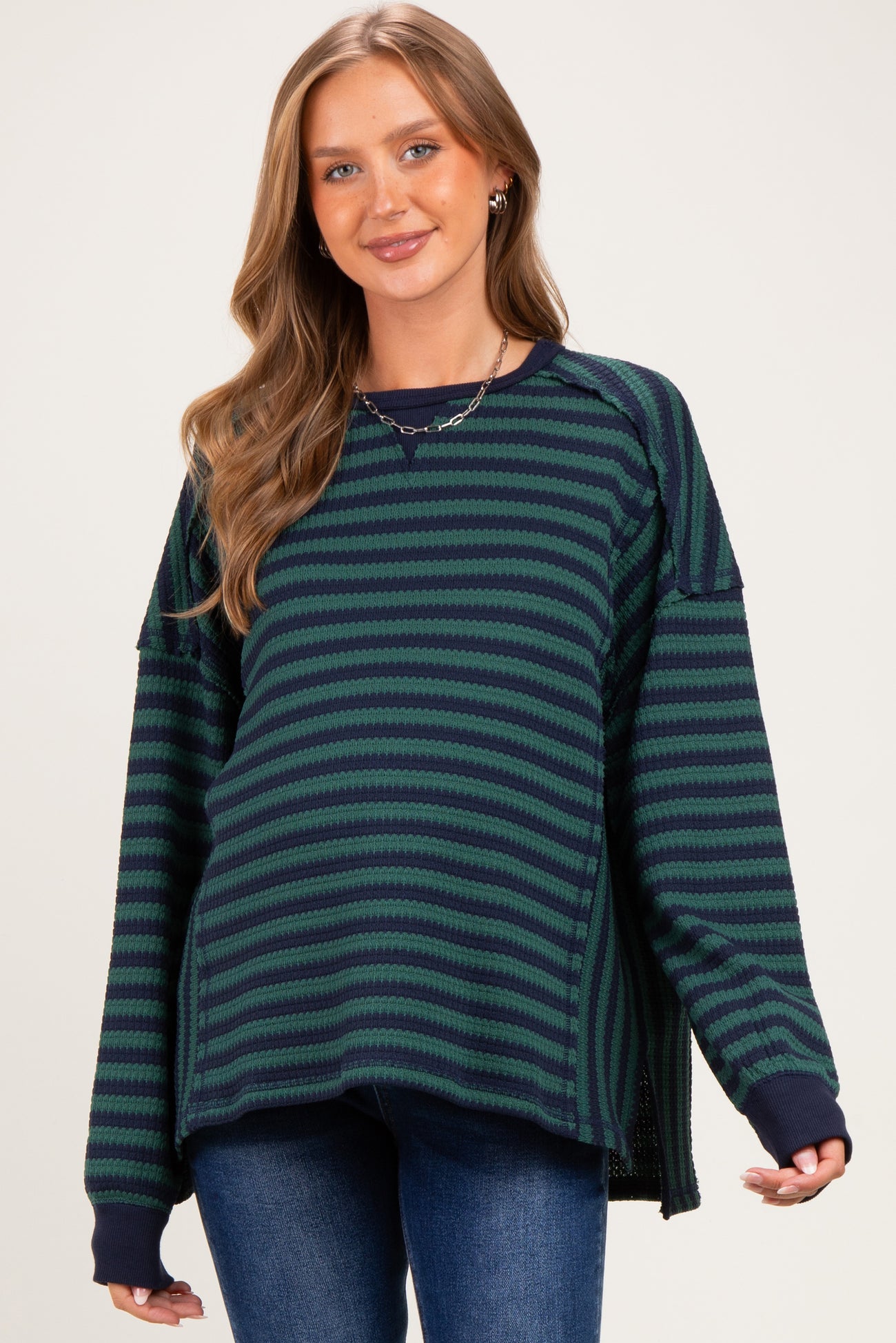 Navy Striped Waffle Knit Oversized Maternity Pullover Top