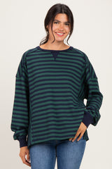 Navy Striped Waffle Knit Oversized Maternity Pullover Top