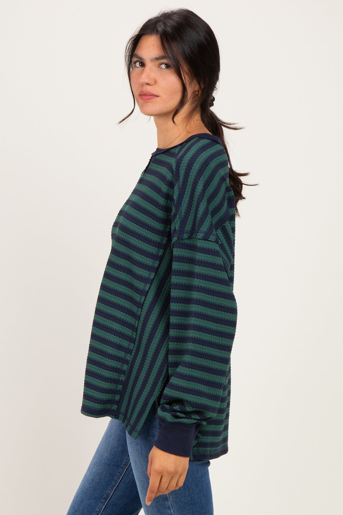 Navy Striped Waffle Knit Oversized Pullover Top