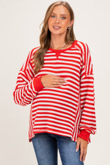 Red Striped Waffle Knit Oversized Maternity Pullover Top