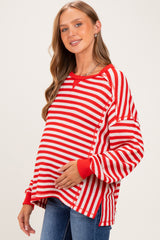 Red Striped Waffle Knit Oversized Maternity Pullover Top
