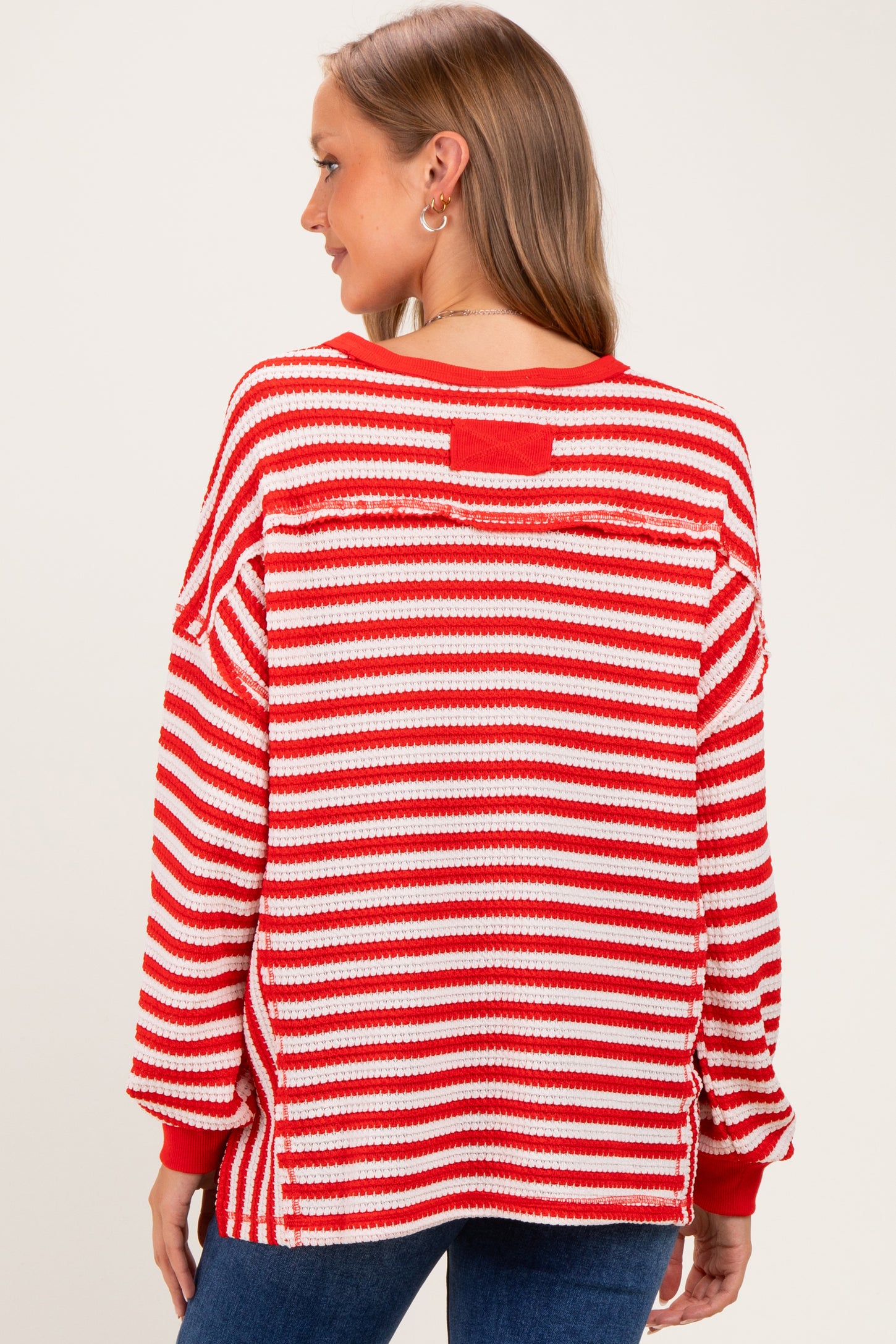 Red Striped Waffle Knit Oversized Maternity Pullover Top