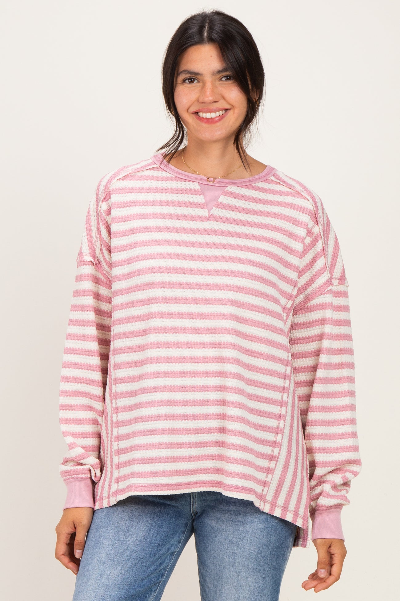 Pink Striped Waffle Knit Oversized Pullover Top
