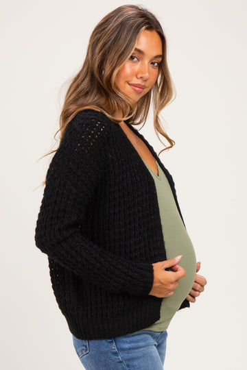 Black Chunky Waffle Knit Maternity Open Cardigan